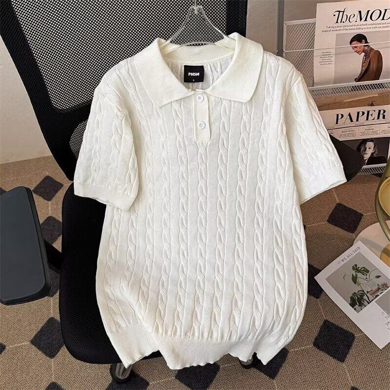 高品质百搭时尚ins潮流美式复古小马翻领宽松麻花短袖针织POLO衫,男装T恤,星座410-6（原星座1304-1）