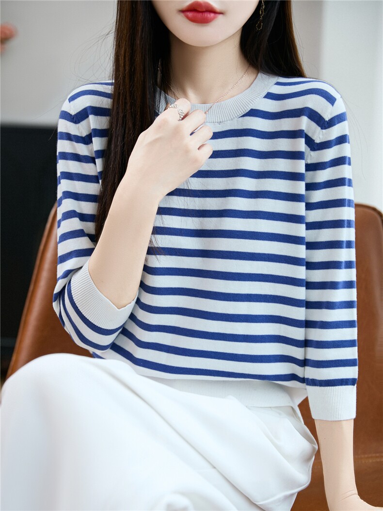 100%纯棉针织七分袖T恤女圆领条纹拼色中袖宽松棉麻短袖打底上衣,针织衫/毛衣,长今羊