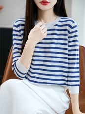 100%纯棉针织七分袖T恤女圆领条纹拼色中袖宽松棉麻短袖打底上衣，女装针织衫/毛衣，长今羊