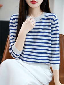 100%纯棉针织七分袖T恤女圆领条纹拼色中袖宽松棉麻短袖打底上衣图片