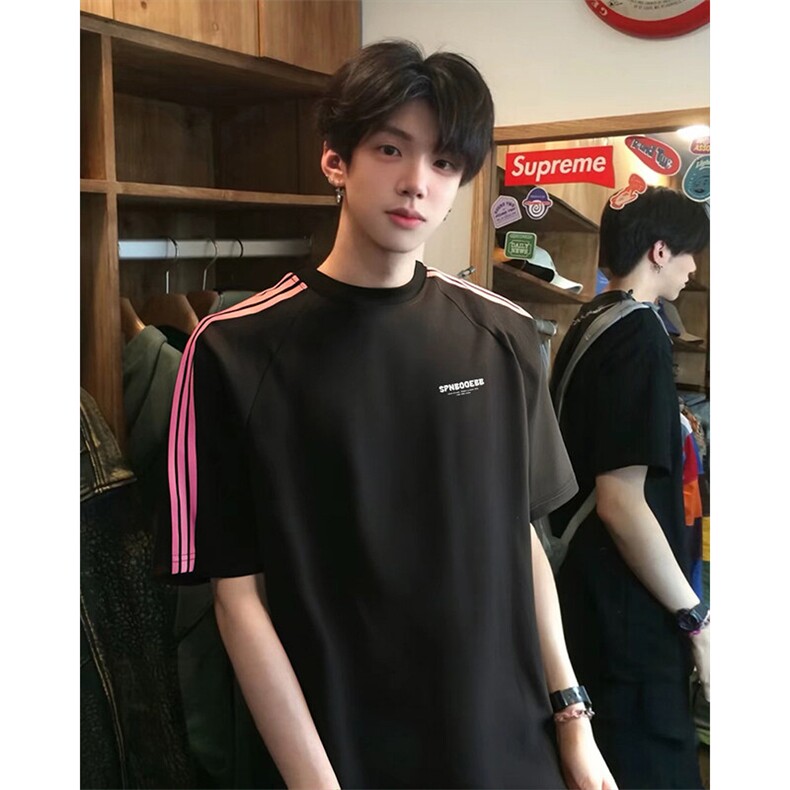 抖音得物品质二开240克宽松纯棉美式潮牌印花三条杠中性风短袖T恤,男装T恤,电商A486-1