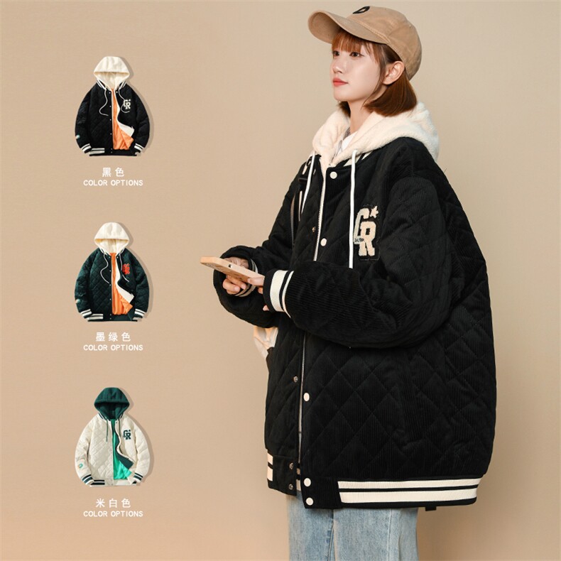 冬款中性风毛巾绣棉服假两件连帽纯色外套男士8135-P140控价178,男装棉衣,电商A441-1