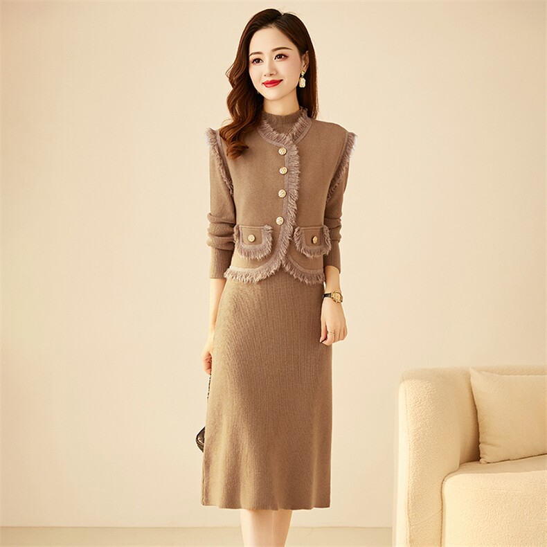 现货！2024秋冬新款时尚毛须洋气小香风双口袋马甲两件套连衣裙女，女装套装/套裙，宝儿家