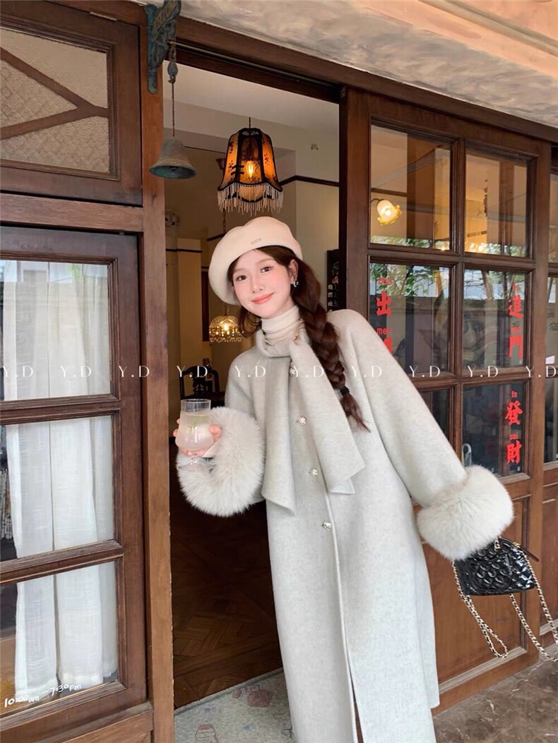 2592-38韩版气质显瘦百搭真袖毛双面羊毛大衣过膝长款毛呢，女装羊绒大衣，依嘟服饰