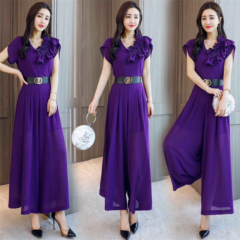 2022年夏季韩版时尚不规则花边拼接上衣+显高阔腿裤两件套，女装套装/套裙，火爆靓佳人