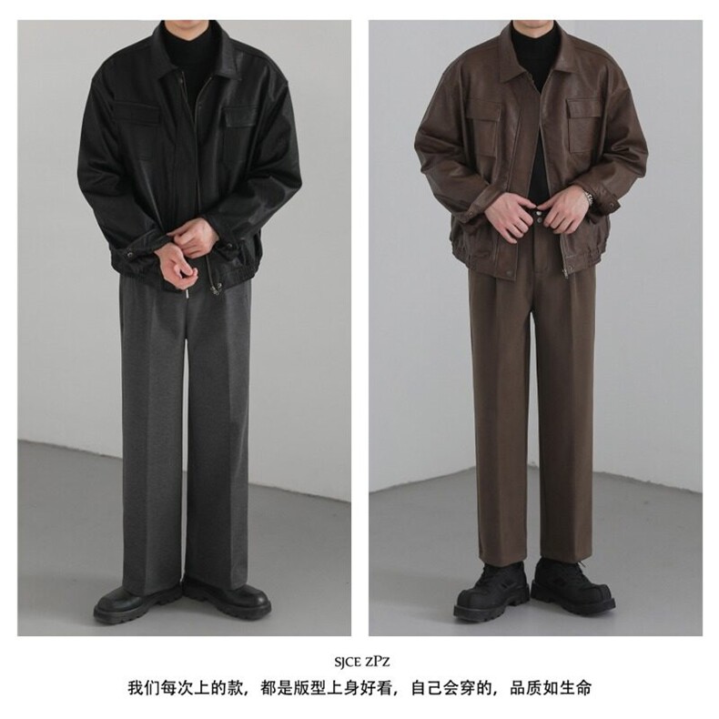 痞帅Pu皮衣小众设计感潮牌双拉链垫肩皮夹克男机车服秋冬高街外套,男装夹克,星座715-4