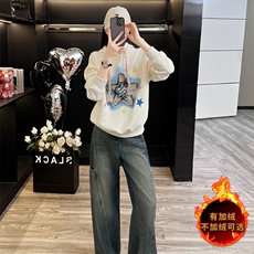 时尚显瘦加绒印花连帽卫衣牛仔裤两件套，女装套装/套裙，江南