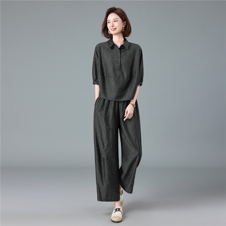 现货2026夏季新款宽松大码洋气减龄莱赛尔提花衬衫套装两件套,女装套装/套裙,深水步