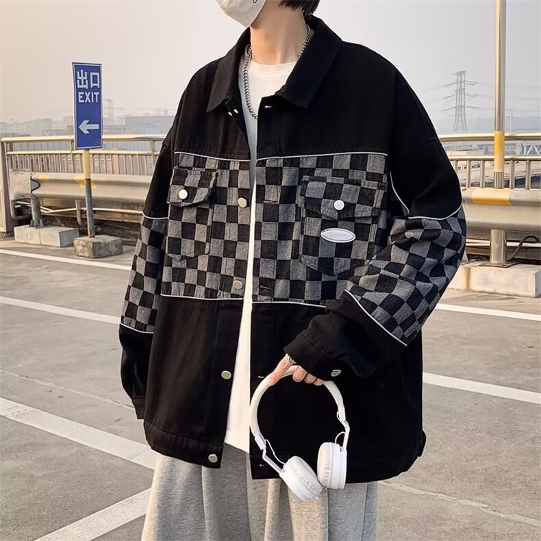 男秋季外套潮牌街头棋盘格反光条牛仔外套W99P65,男装夹克,星座1116-2