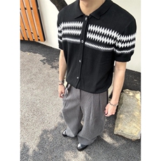 XZ1005-1-TTH615-P60开衫短袖男款夏季翻领针织T恤提花条纹半袖，男装T恤，星座1005-1