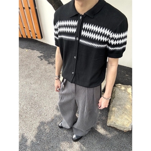 XZ1005-1-TTH615-P60 开衫短袖男款夏季翻领针织T恤提花条纹半袖图片
