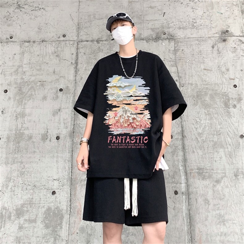 电商DSA028-TZDTHP846P45夏季华夫格套装男T恤短裤两件套港风，男装牛仔裤，电商A028