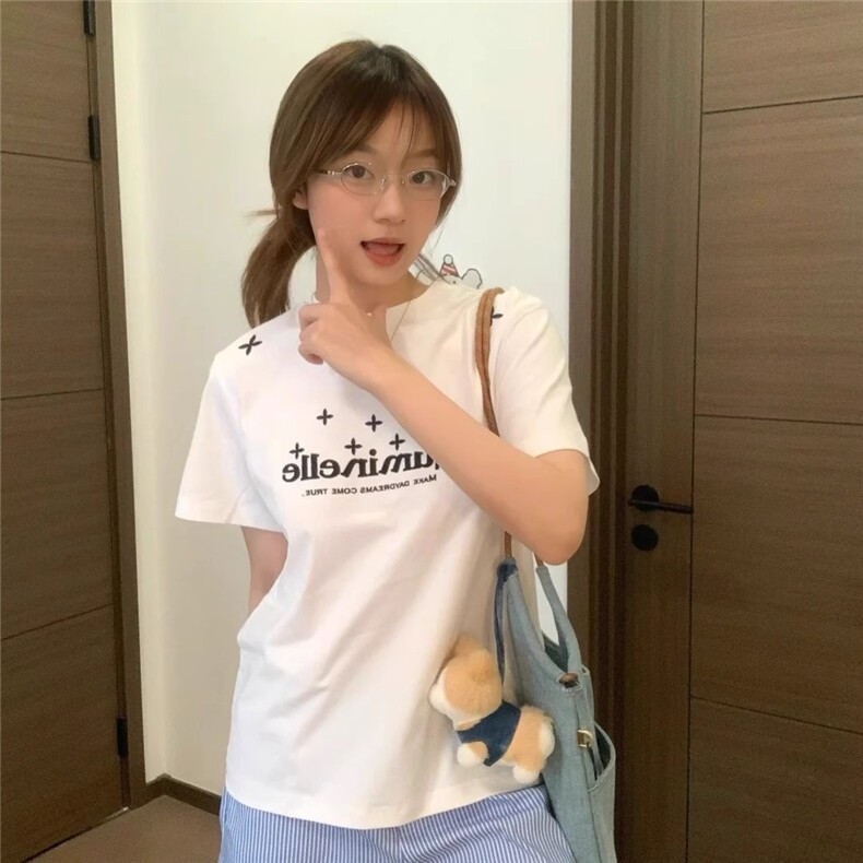 美式黑色正肩短袖t恤女夏季星星印花辣妹tee修身显瘦vintage上衣,男装T恤,星座506A