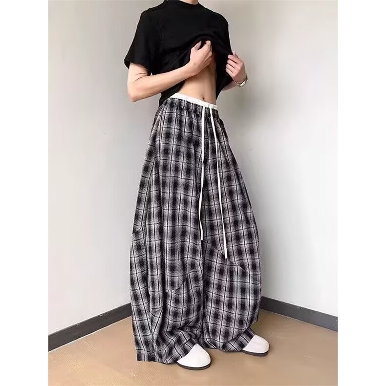 美式复古格纹双腰头拼接休闲裤女春季宽松显瘦慵懒感直筒百搭长裤,男装休闲裤,四季星座505