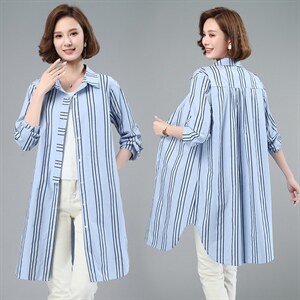 2021春季新款时尚百搭休闲条纹长款衬衫,女装衬衫,小林双子