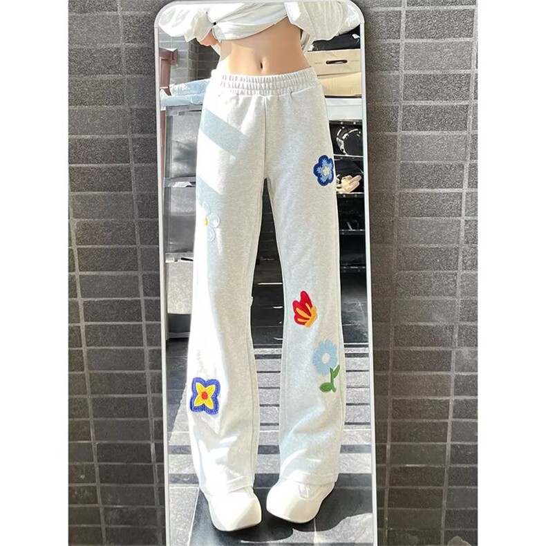 刺绣花灰色弯刀卫裤男女夏季新款微喇叭宽松直筒裤运动休闲长裤子,女装休闲裤,星座1210-1