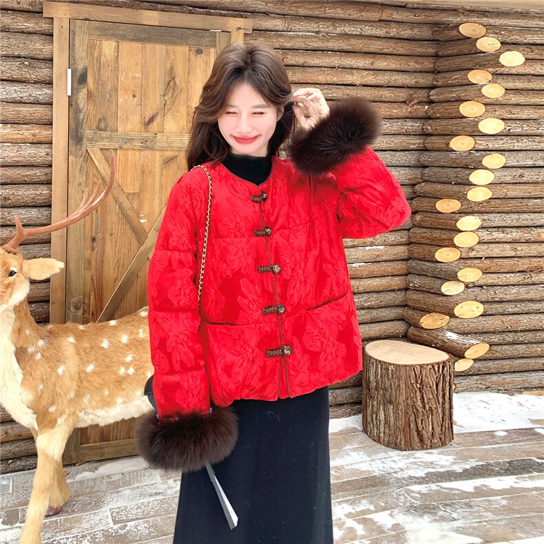 2026冬季新款缎面印花新中式90绒羽绒服2585P335K438，女装羽绒服，浙宝301