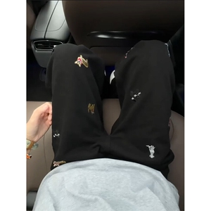 潮牌美式刺绣做旧水洗牛仔裤男复古宽松阔腿百搭拖地长裤图片