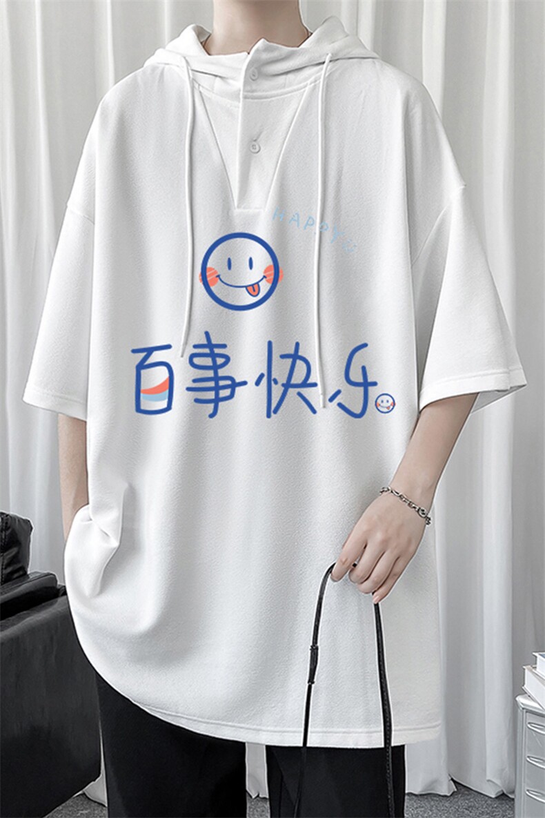 LD54183-P45连帽短袖t恤男大码胖子带帽五分袖中袖,男装T恤,电商A040