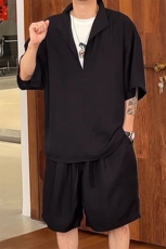 老钱风穿搭天丝亚麻男士套装夏季薄款黑色假两件短袖衬衫短裤一套，男装休闲套装，电商D206-1