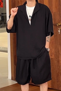 老钱风穿搭天丝亚麻男士套装夏季薄款黑色假两件短袖衬衫短裤一套图片