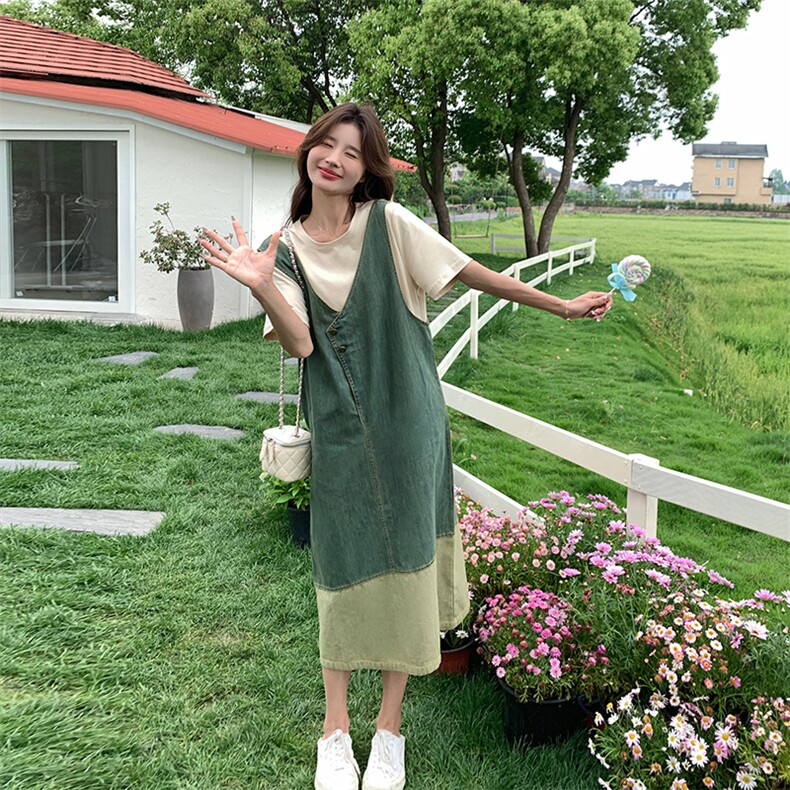 短袖网红牛仔拼接背心裙两件套女夏季新款学院风设计感减龄连衣裙,女装套装/套裙,幸运星