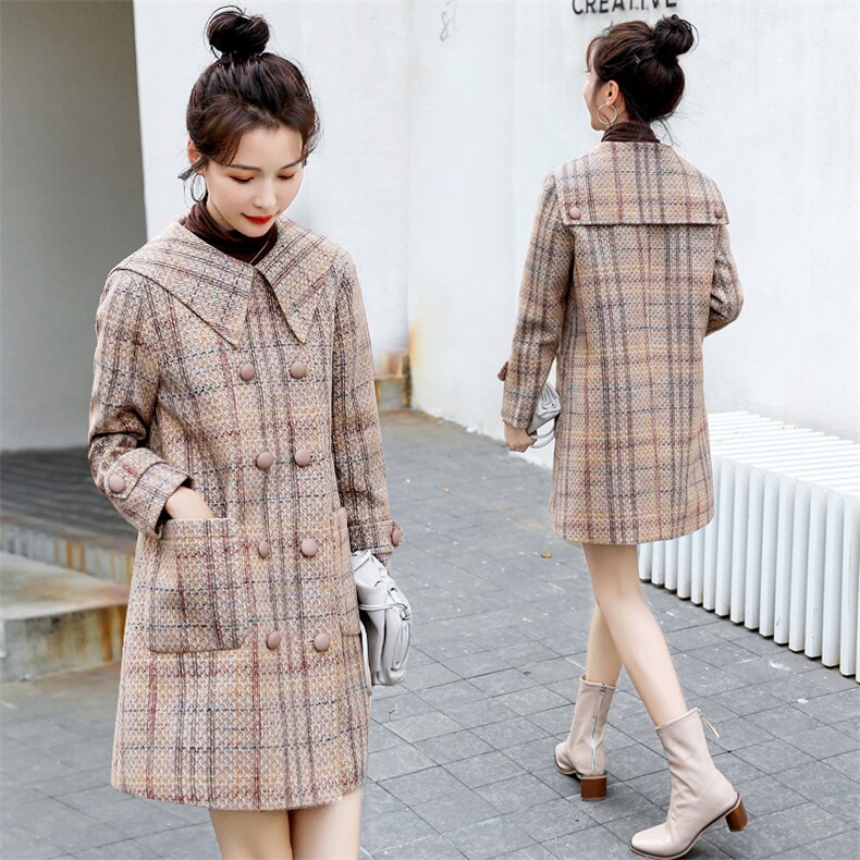 韩版时尚优雅格纹毛呢外套女秋冬季新款显瘦气质双排扣中长款大衣，女装毛呢外套，秋水欣儿