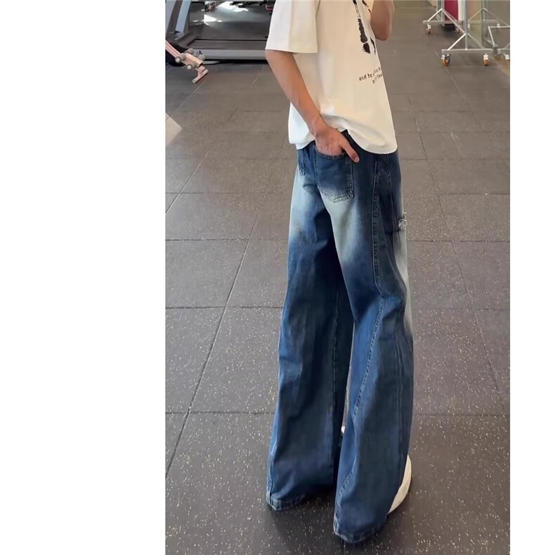 美式街头水洗扎染破洞牛仔裤男夏薄款阔腿弯刀裤直筒工装裤NK110,男装牛仔裤,星座516A