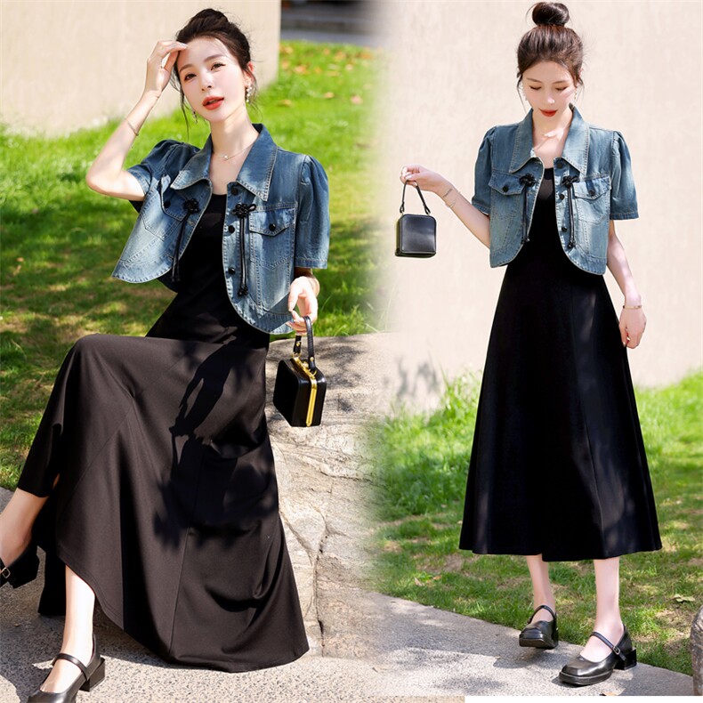 牛仔马甲配黑色连衣裙两件套女夏季穿搭一整套减龄流行漂亮套装裙，女装套装/套裙，意芙