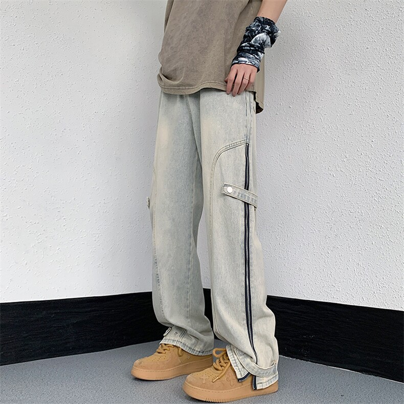 美式高街搭扣拉链牛仔裤水洗痞帅开叉裤313A-1-NZ034-P65控78,男装牛仔裤,星座808A-1