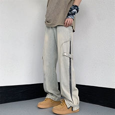 美式高街搭扣拉链牛仔裤水洗痞帅开叉裤313A-1-NZ034-P65控78，男装牛仔裤，星座808A-1