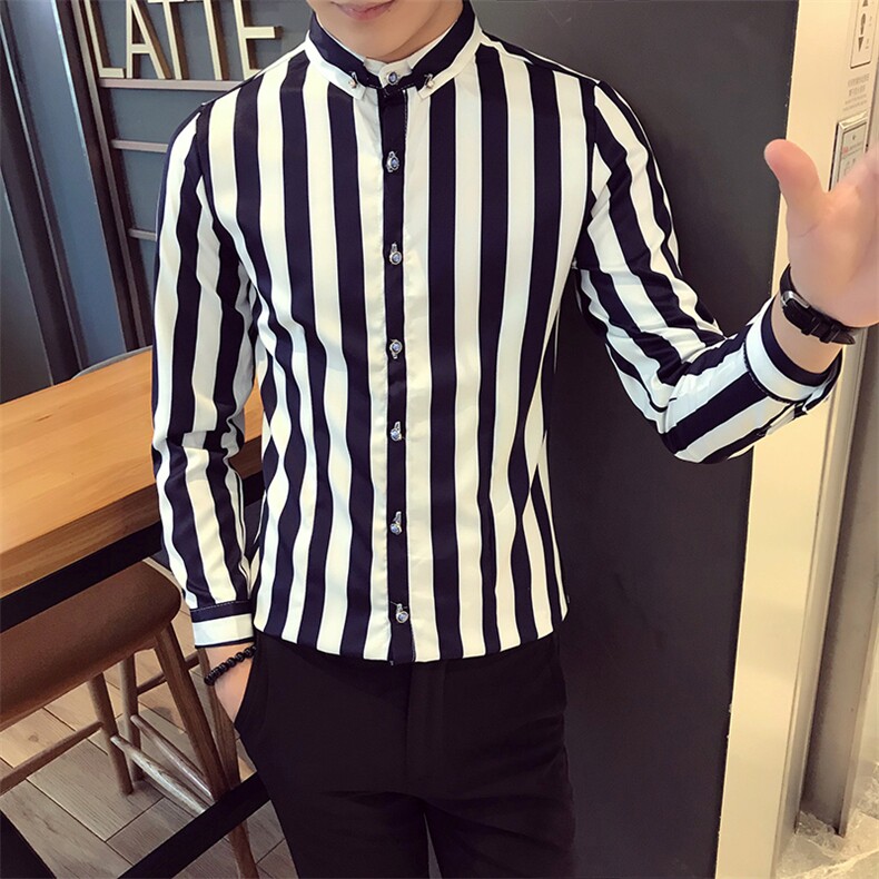 SC009-V条纹潮男长袖衬衫青少年寸衫大码KT酒吧夜店衬衣图片