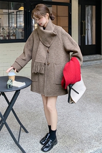 美拉德复古围巾领毛呢大衣女2025冬季新款小个子宽松通勤气质外套图片