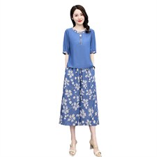 天丝牛仔套装女夏装2024年新款时尚女装休闲气质印花阔腿裤两件套，女装套装/套裙，魅影