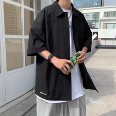 港风短袖衬衫男夏季潮牌痞帅气白色五分半袖上衣工装衬衣，男装衬衫，星座716-4