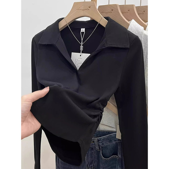 QC022-P45秋季抽褶收腰设计polo领长袖短款别致正肩t恤韩系上衣，女装卫衣/绒衫，星座617A-2