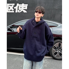WJ9915-P75潮牌美式2025秋冬季连帽针织毛衣男复古纯色休闲毛衣，男装针织衫/毛衣，电商C233