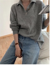法式复古POLO领羊绒针织女秋冬宽松百搭灰色毛衣休闲羊毛打底衫，女装羊毛衫，恒恩羊绒