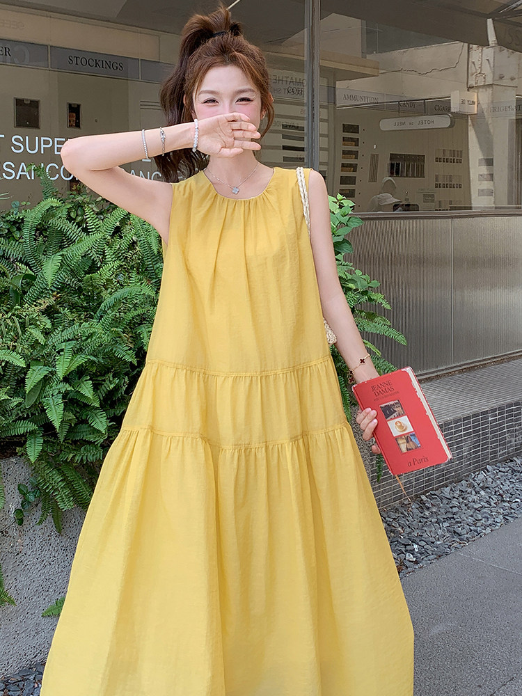黄色甜美宽松无袖连衣裙女2025夏季新款韩版宽松简约初恋背心长裙,女装连衣裙,浙宝305