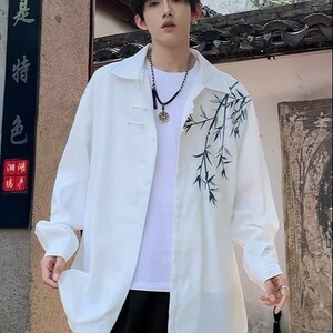 新中式风盘扣刺绣长袖衬衫男装唐装道袍衬衣外套春C08/P38图片