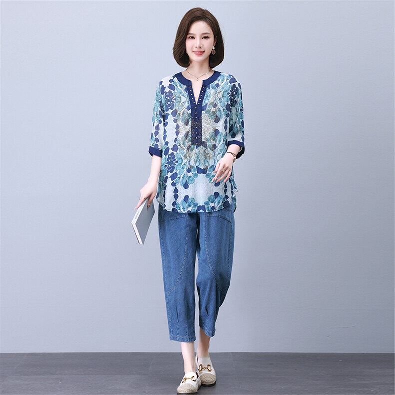时尚拼接印花镶钻刺绣套装优雅显瘦气质女装舒适百搭两件套,女装套装/套裙,叶笙衣