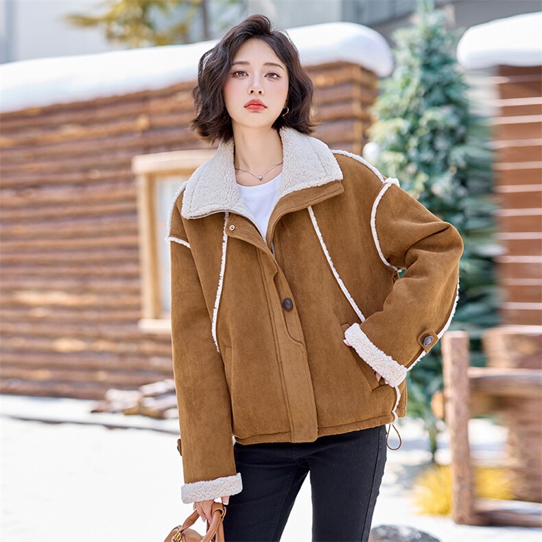 粉色皮毛一体羊羔毛外套女2024冬季新款加厚保暖鹿皮绒机车服棉服,女装短外套,慕依路