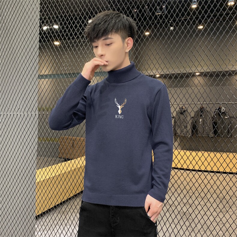 秋冬可翻高领毛衣男鹿头纯色长袖刺绣毛衫打底针织衫深灰M255P33,男装针织衫/毛衣,星座1207