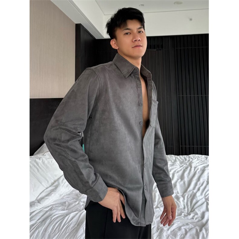 潮牌痞帅外套男士秋冬麂皮绒纯色内搭衬衫高街上衣服长袖衬衣,男装衬衫,星座506A