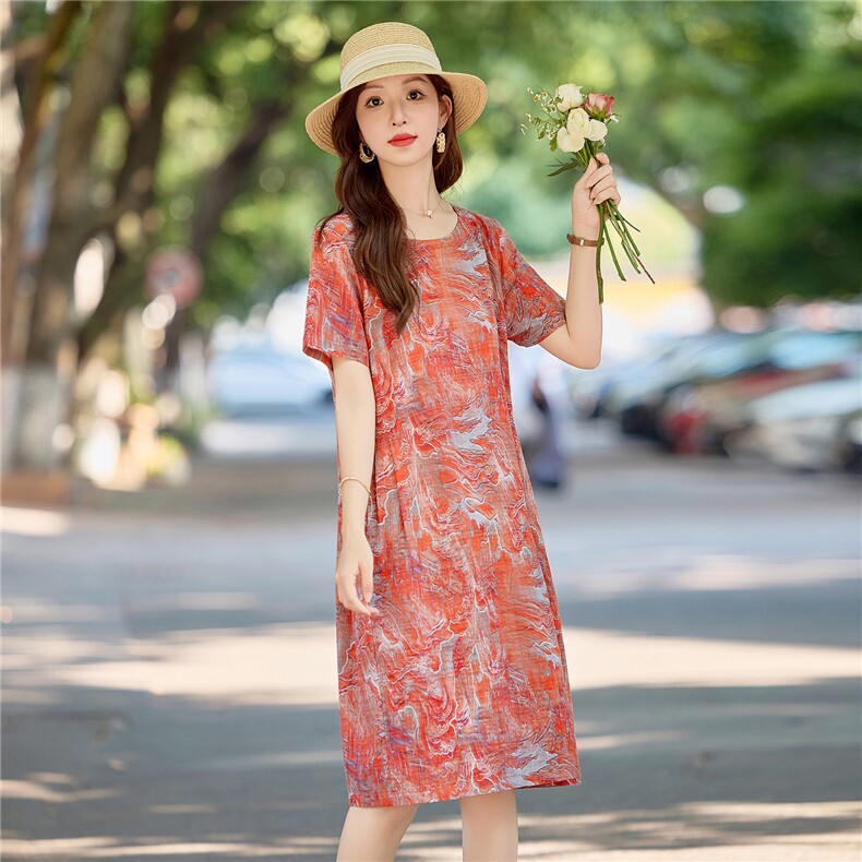 洋气减龄棉麻碎花连衣裙女夏2026新款宽松遮肚显瘦a字亚麻印花裙,女装连衣裙,倪叶myz