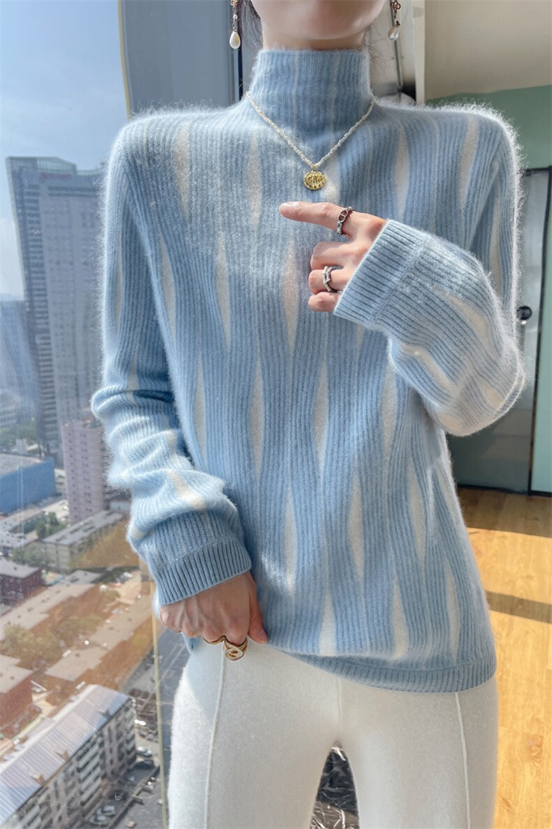 100%纯羊毛衫女半高领拼色针织长袖毛衣宽松百搭羊绒衫显瘦打底衫,女装羊毛衫,宇灿羊绒