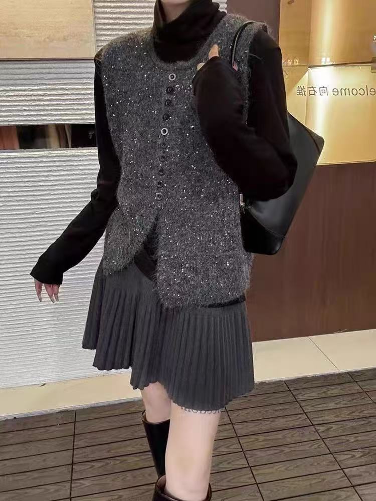 2025年秋季新款百搭女士圆领扣子亮片圆领套头马甲,针织衫/毛衣,嘉日羊绒