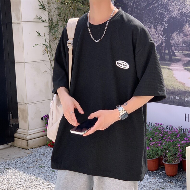 T6055/P20港风华夫格夏季新款宽松贴标短袖T恤男上衣大码控38,男装T恤,电商A141