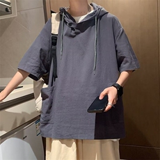 港风潮牌ins五分袖短袖t恤男连帽休闲宽松半袖学生嘻哈潮流上衣服，男装T恤，星座506