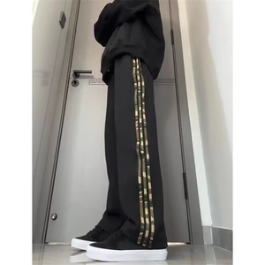 美式高街复古重磅卫裤直筒运动休闲裤白花灰迷彩条纹裤子男秋冬季图片